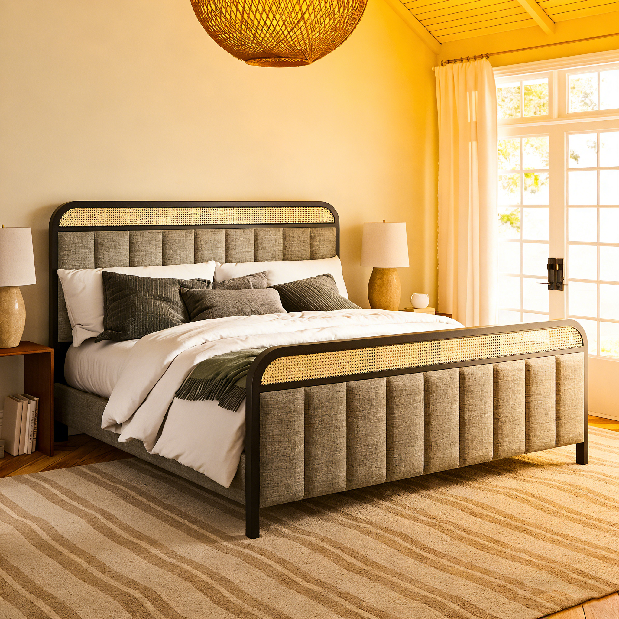 Modern Solid Wood And Rattan Bed (With Led Headboard)