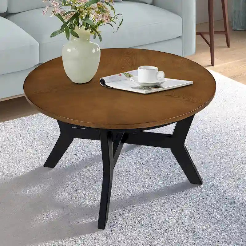 Farmhouse Wood Round Coffee Table with 4 Soild Wood Legs