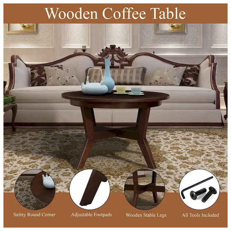 Farmhouse Wood Round Coffee Table with 4 Soild Wood Legs