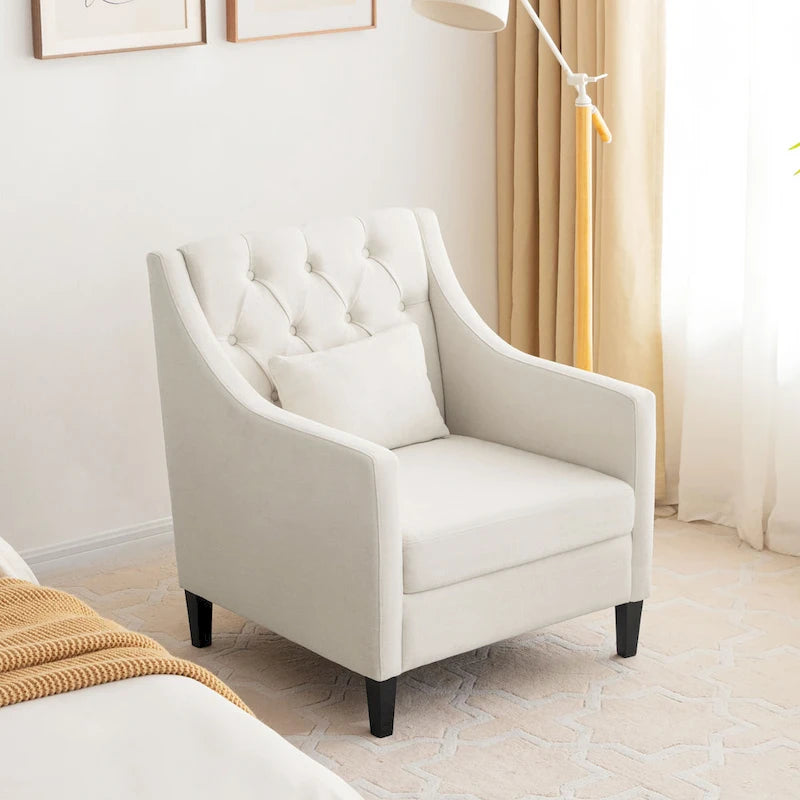 Beige 30 Upholstered Tufted Arm Chair with Lumbar Pillow