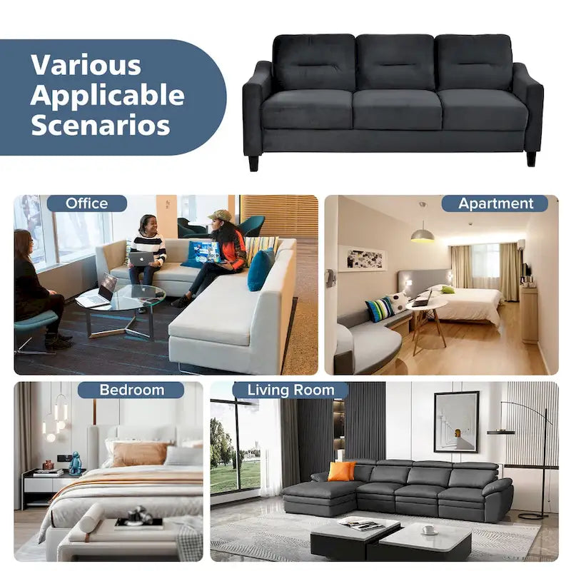 Black 76.7 Velvet 3-seater Sofa with Hardwood Frame and High-Density Foam
