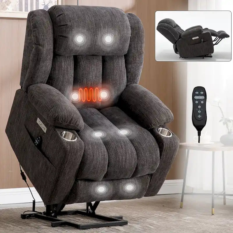 Grey Chenille Power Lift Recliner with Massage, Heating, USB, Cup Holders