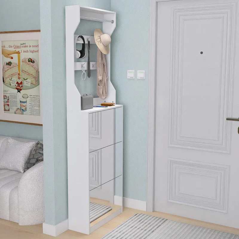 Mirror Shoe Cabinet With 3 Flip-Tier Drawers,Shoe Rack Organizer Store Ample Shoes,Hooks&Hangers For Organizing Clothes And Hats