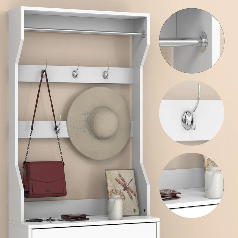 Mirror Shoe Cabinet With 3 Flip-Tier Drawers,Shoe Rack Organizer Store Ample Shoes,Hooks&Hangers For Organizing Clothes And Hats