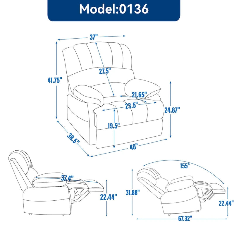 Large Manual Recliner Chair in Fabric for Living Room