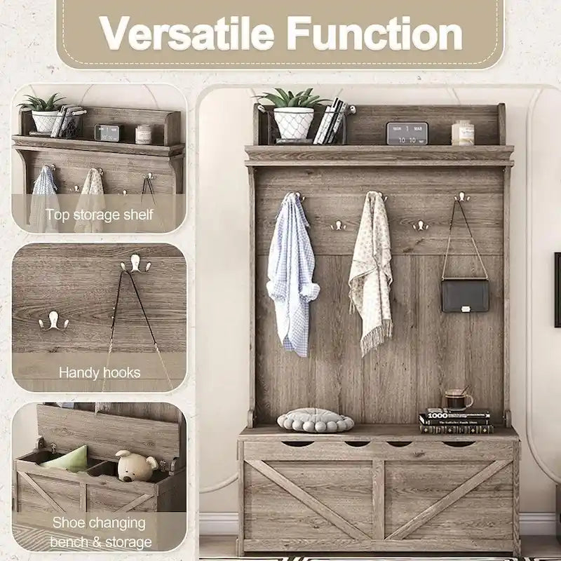 74 3-In-1 Hall Tree Storage Bench and Coat Rack with 5 Hooks, and Anti-Topple Anchor for Entryway