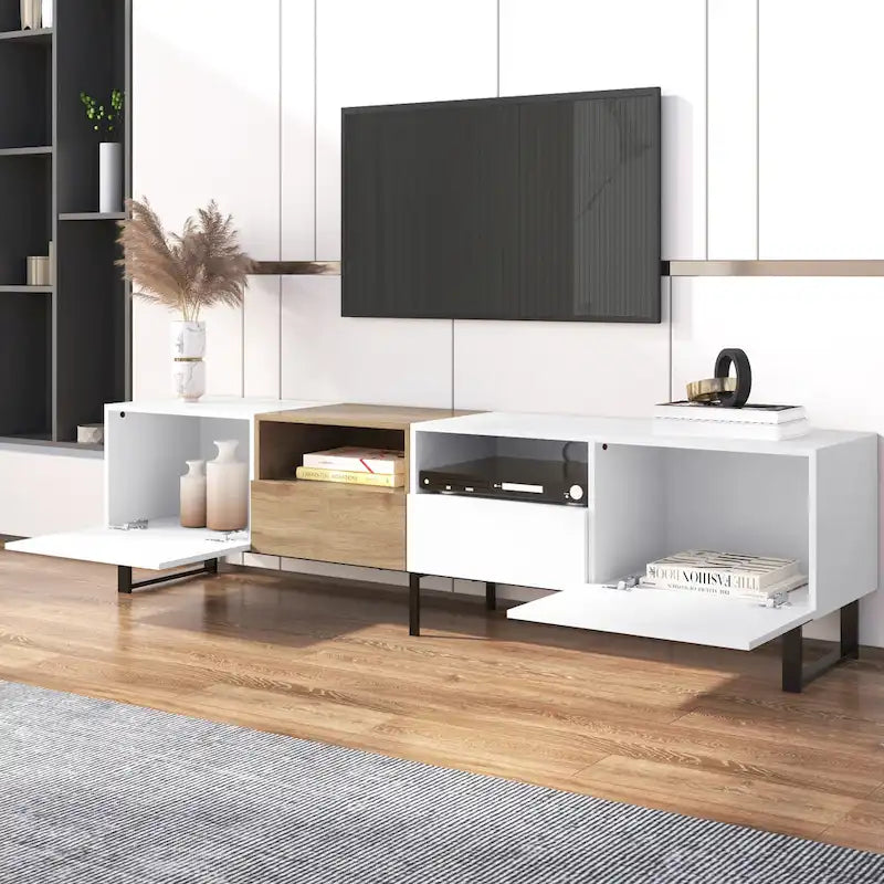 TV Stand with 2 Cabinets and Open Storage Compartment