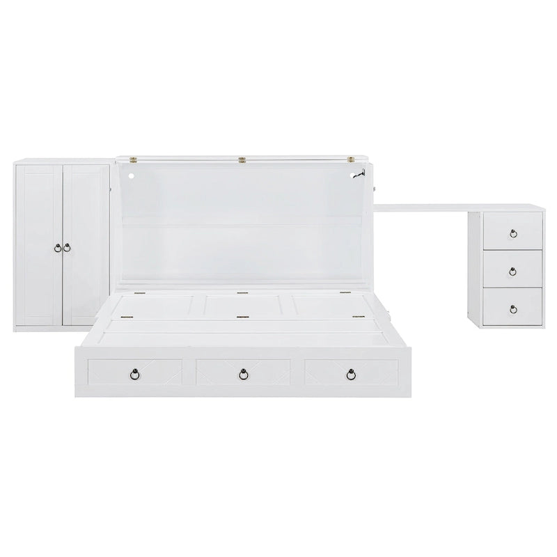 Queen Size Murphy Bed with USB Port, Large Drawer, and Wardrobe/Desk Combo