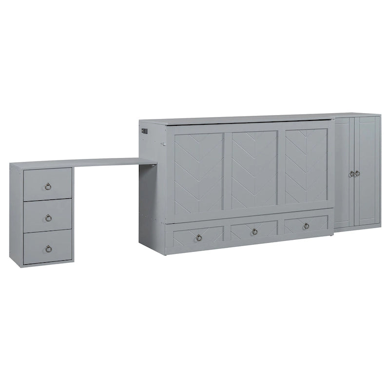 Queen Size Murphy Bed with USB Port, Large Drawer, and Wardrobe/Desk Combo