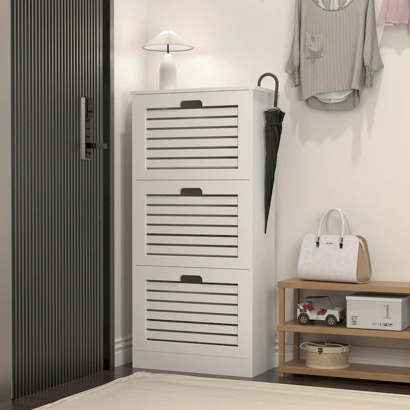 Wooden Shoe Cabinet for Entryway, White Shoe Storage Cabinet with 3 Flip Doors 20.94x9.45x43.11 inch