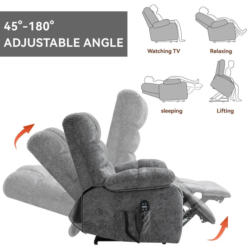Oversized Chenille Power Lift Recliner Chair with Massage and Lumbar Heating, Charging Port, 180 Lying Flat