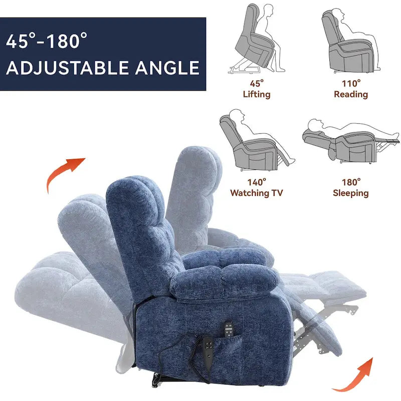 Oversized Chenille Power Lift Recliner Chair with Massage and Lumbar Heating, Charging Port, 180 Lying Flat