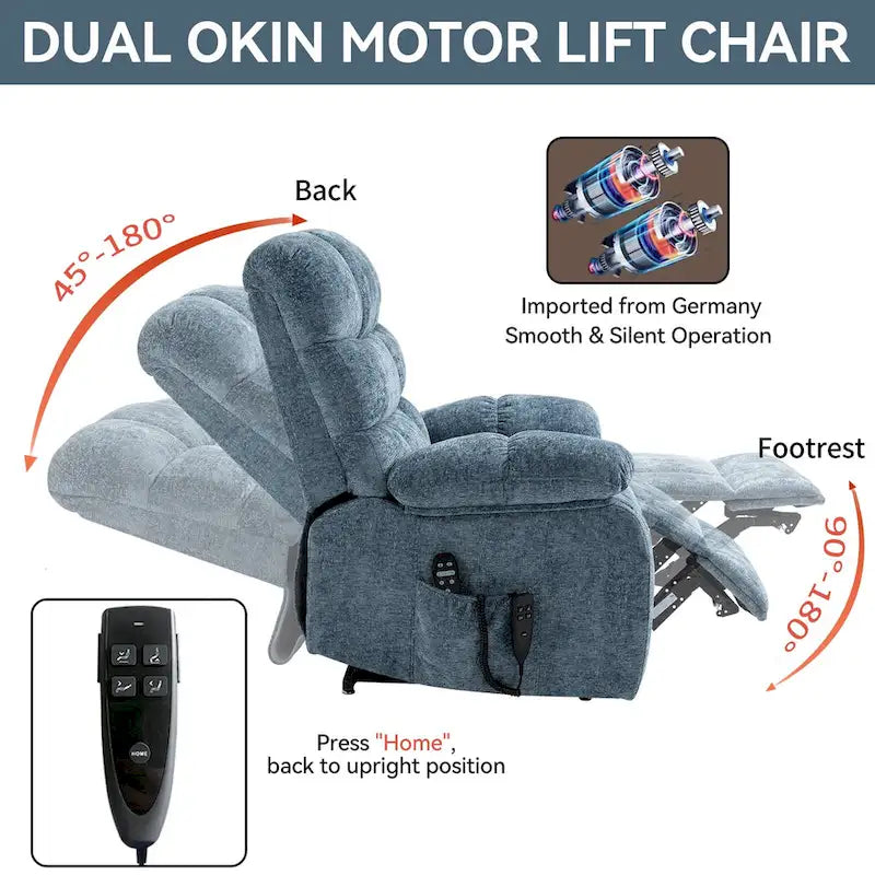 Oversized Chenille Power Lift Recliner Chair with Massage and Lumbar Heating, Charging Port, 180 Lying Flat