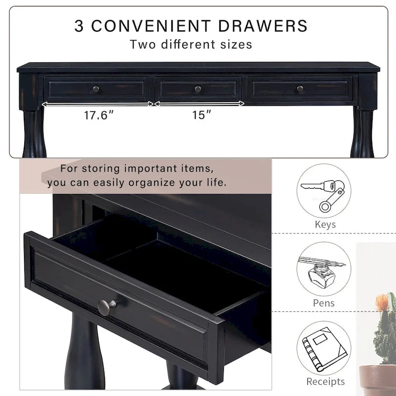 Mediterranean Console Table with 3 Storage Drawers and Open Bottom Shelf for Home Entryway and Hotel