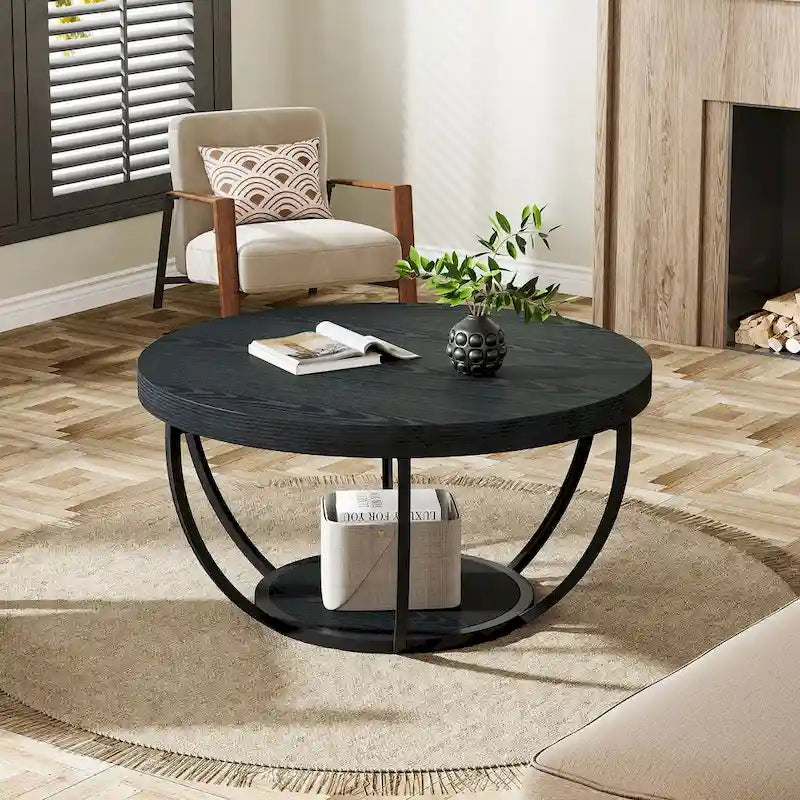 Wooden Coffee Table, 2-Tier Round Central Cocktail Table with Shelves