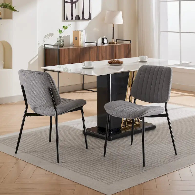 2 Piece Linen Dining Chair Set with Metal Legs, Curved Backrest Dining Room Chair Indoor Lounge Side Chair