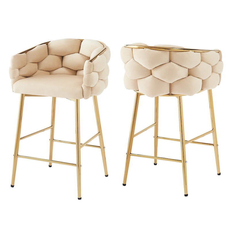 Modern 28-Inch Set of 2 Bar Stools with Velvet Padded Backrest Seat, Metal Legs for Dining Room Living Room and Bedroom