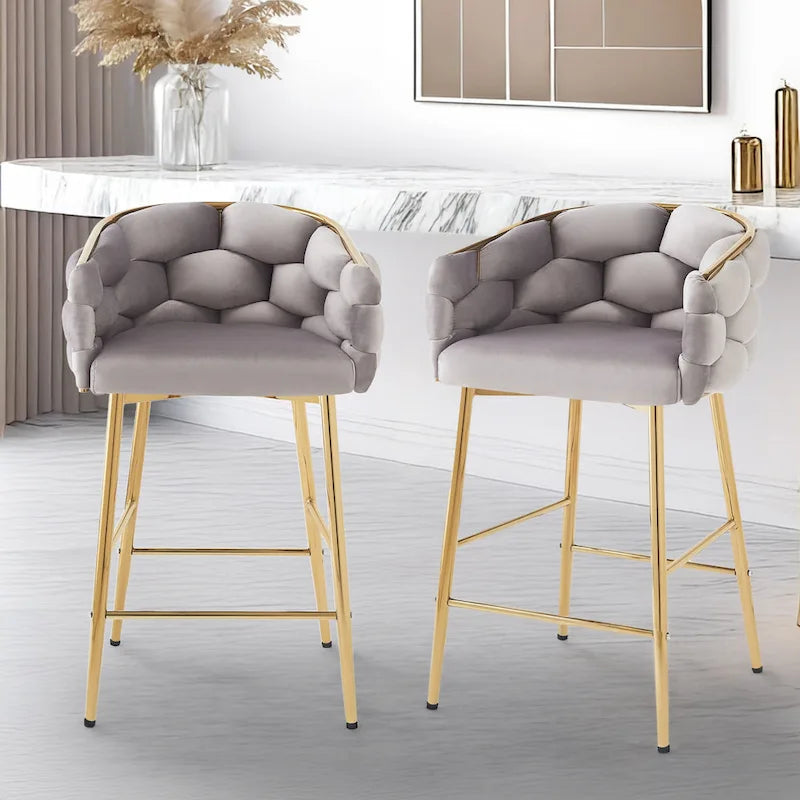 Modern 28-Inch Set of 2 Bar Stools with Velvet Padded Backrest Seat, Metal Legs for Dining Room Living Room and Bedroom