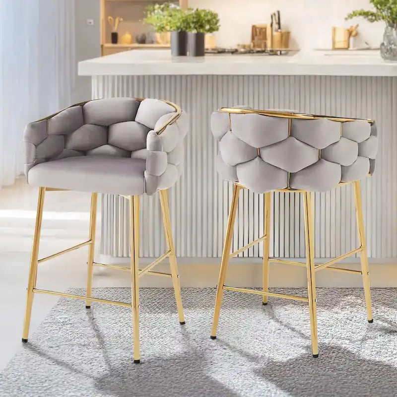 Modern 28-Inch Set of 2 Bar Stools with Velvet Padded Backrest Seat, Metal Legs for Dining Room Living Room and Bedroom