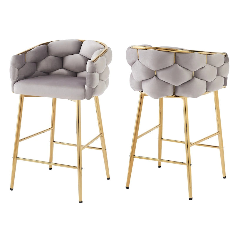 Modern 28-Inch Set of 2 Bar Stools with Velvet Padded Backrest Seat, Metal Legs for Dining Room Living Room and Bedroom