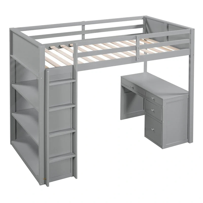 Twin Size Loft Bed with Ladder, Shelves, and Desk