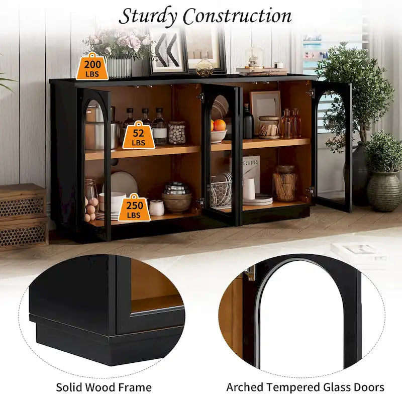 4-Door Large Storage Buffet Cabinet with Glass Doors, Adjustable Shelves and Arched Design for Kitchen, Dining Room