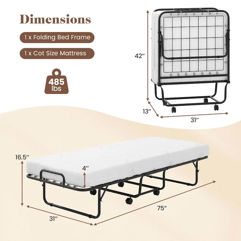 Costway Folding Bed with Mattress 74 x 31 Cot Size Rolling Guest Bed