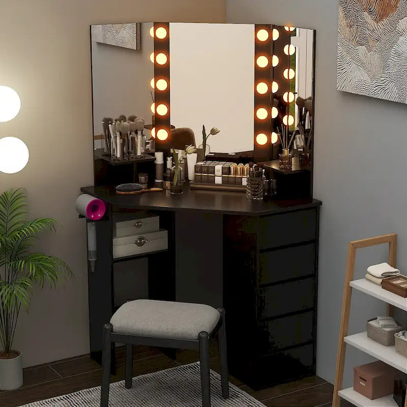 Costway Corner Vanity Desk Cosmetic Vanity Station with LED Mirror,& - See Details
