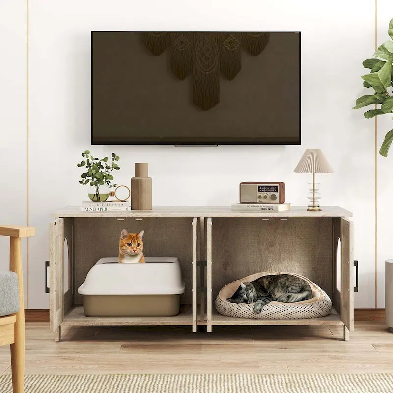 Gymax Cat Litter Box Enclosure for 2 Cats w/ Double Rooms Wooden Cat