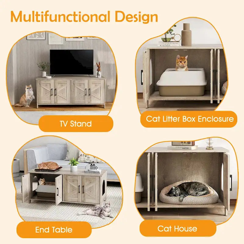 Gymax Cat Litter Box Enclosure for 2 Cats w/ Double Rooms Wooden Cat