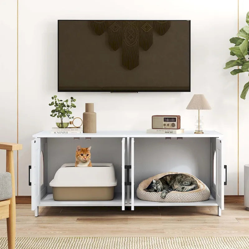 Gymax Cat Litter Box Enclosure for 2 Cats w/ Double Rooms Wooden Cat