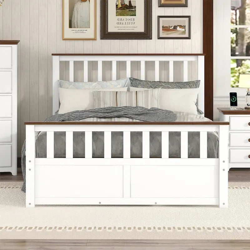 Wood Slat Platform Bed Frame with Vertical Hollows Headboard and Footboard, Low Profile Bed, Panel Bed 2 Drawers