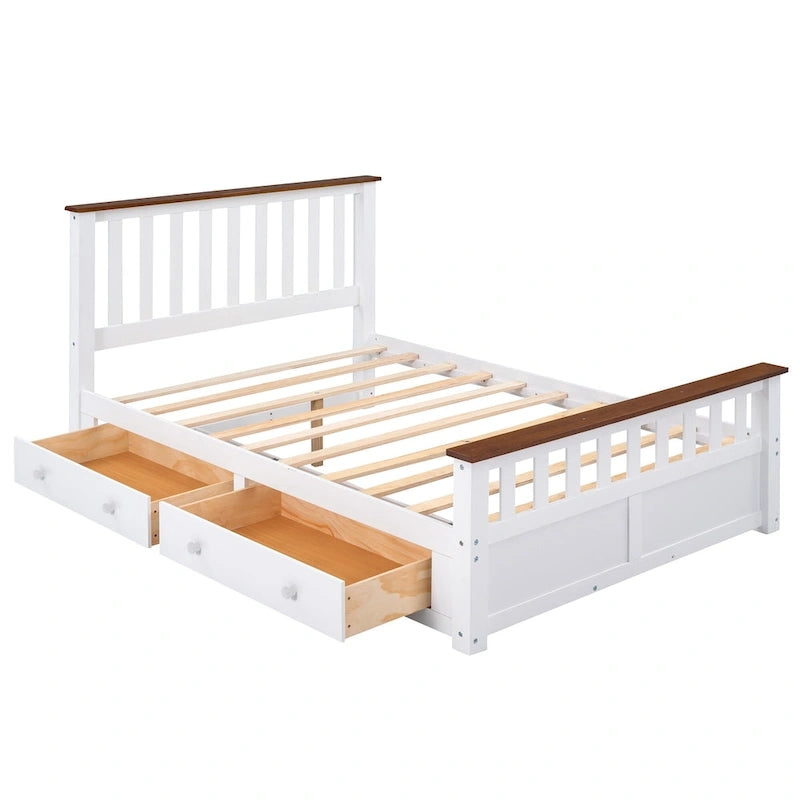 Wood Slat Platform Bed Frame with Vertical Hollows Headboard and Footboard, Low Profile Bed, Panel Bed 2 Drawers