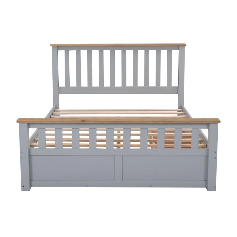Wood Slat Platform Bed Frame with Vertical Hollows Headboard and Footboard, Low Profile Bed, Panel Bed 2 Drawers