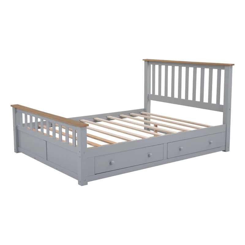 Wood Slat Platform Bed Frame with Vertical Hollows Headboard and Footboard, Low Profile Bed, Panel Bed 2 Drawers