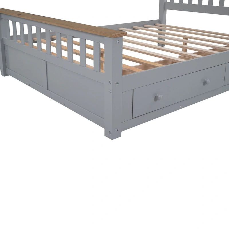 Wood Slat Platform Bed Frame with Vertical Hollows Headboard and Footboard, Low Profile Bed, Panel Bed 2 Drawers