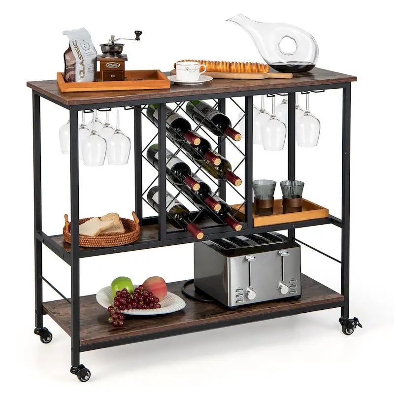 Industrial-Style Bar Cart — Mobile Kitchen Service Cart with Wine Rack