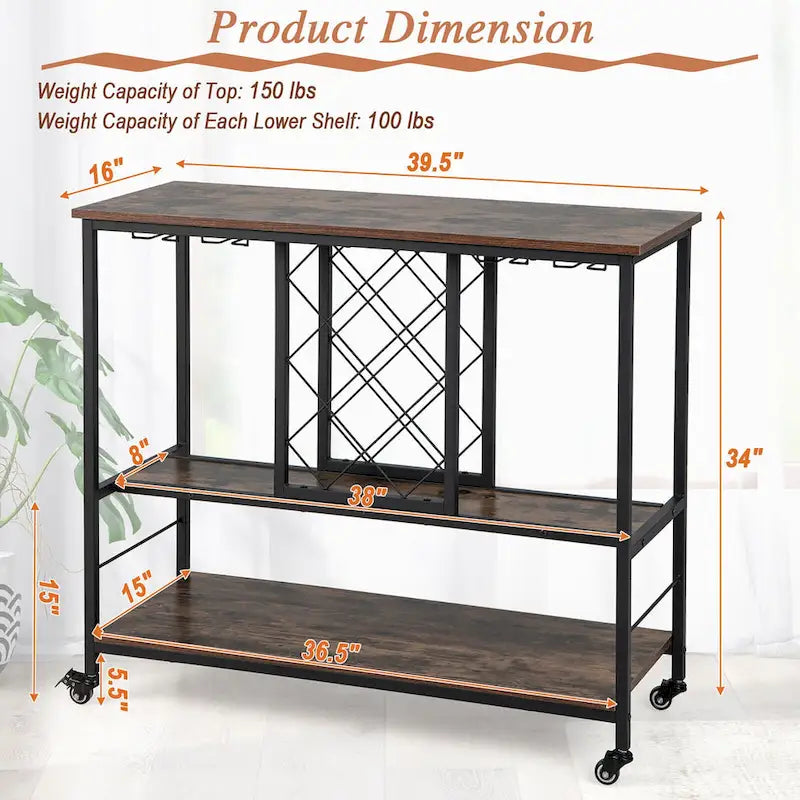 Industrial-Style Bar Cart — Mobile Kitchen Service Cart with Wine Rack