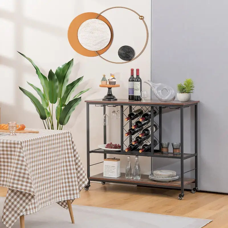 Industrial-Style Bar Cart — Mobile Kitchen Service Cart with Wine Rack
