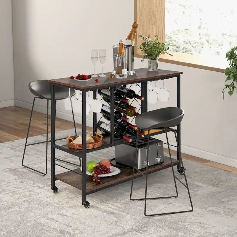 Industrial-Style Bar Cart — Mobile Kitchen Service Cart with Wine Rack