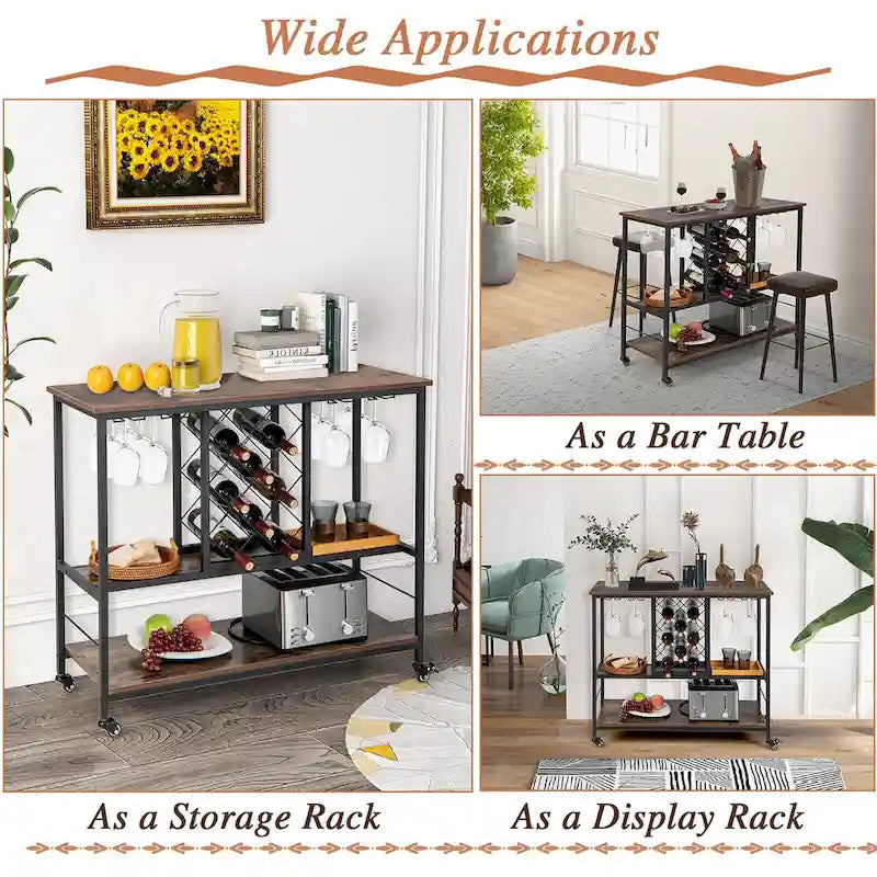 Industrial-Style Bar Cart — Mobile Kitchen Service Cart with Wine Rack