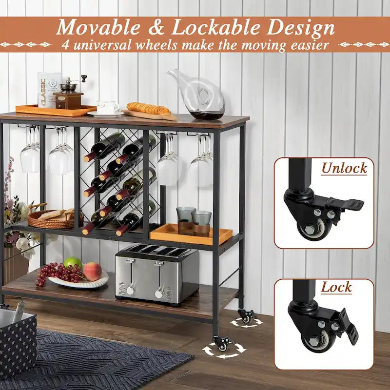 Industrial-Style Bar Cart — Mobile Kitchen Service Cart with Wine Rack