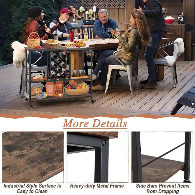 Industrial-Style Bar Cart — Mobile Kitchen Service Cart with Wine Rack