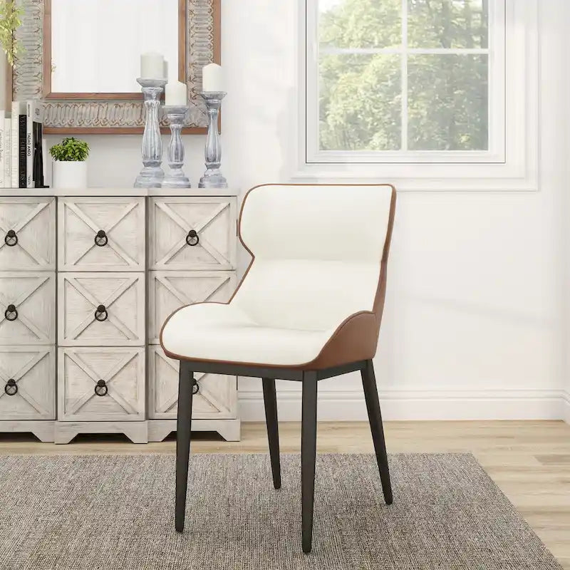 Set of 2 PU Upholstered Dining Chairs Modern Solid Back Chairs with Black Metal Legs