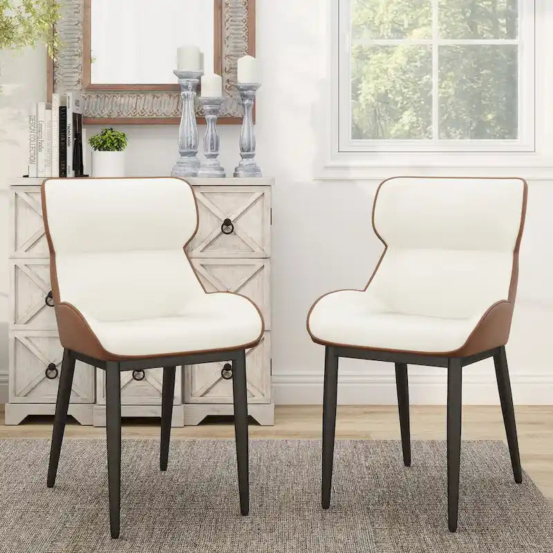 Set of 2 PU Upholstered Dining Chairs Modern Solid Back Chairs with Black Metal Legs