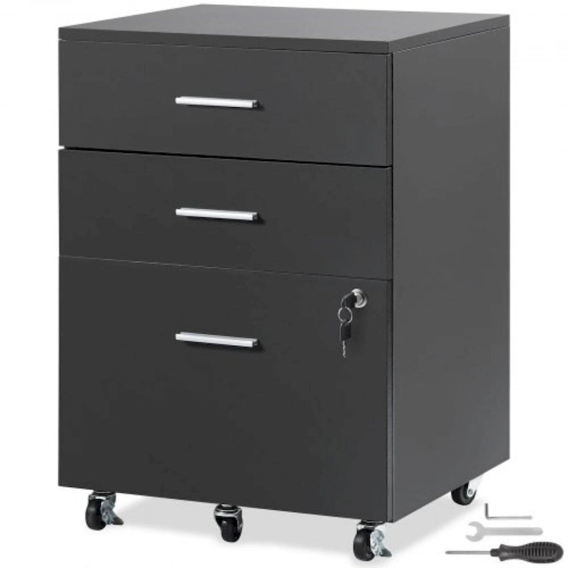 3-Drawer Locking Filing Cabinet with 5 Swivel Wheels and Adjustable File Hangers