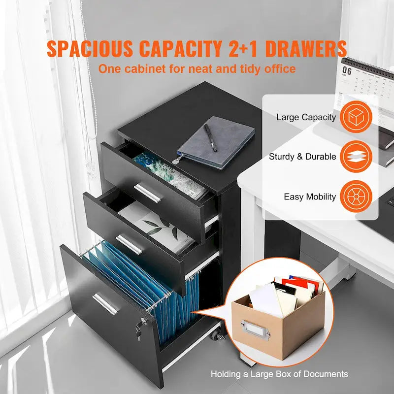 3-Drawer Locking Filing Cabinet with 5 Swivel Wheels and Adjustable File Hangers