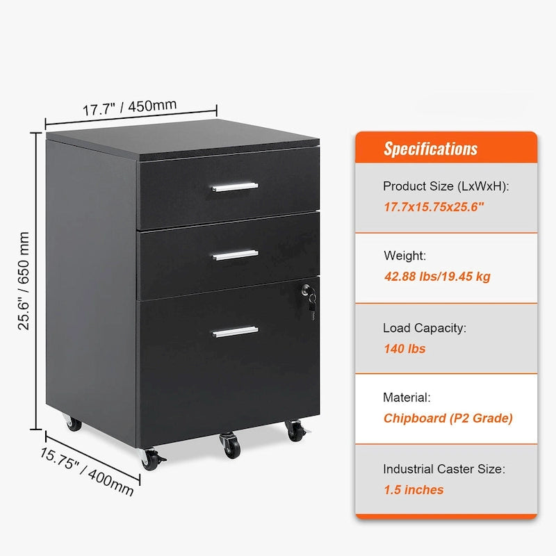 3-Drawer Locking Filing Cabinet with 5 Swivel Wheels and Adjustable File Hangers