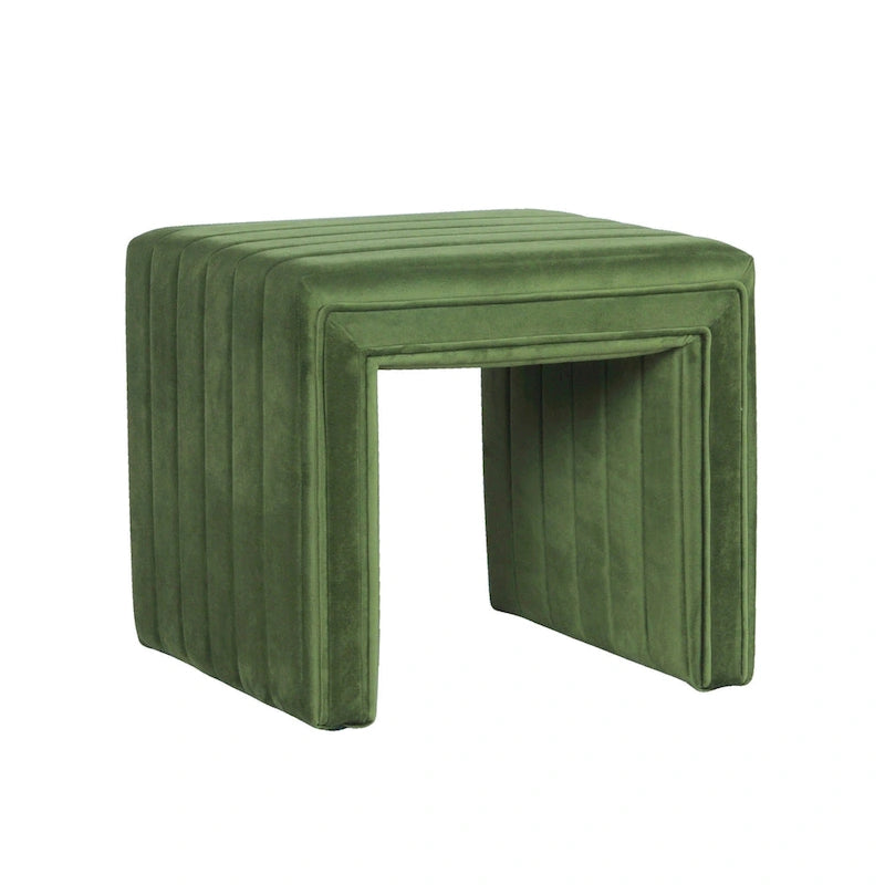 Ada Footstool Ottoman with Channel Tufted Green Velvet, 19 Inch