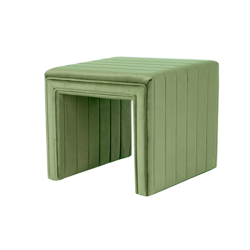 Ada Footstool Ottoman with Channel Tufted Green Velvet, 19 Inch